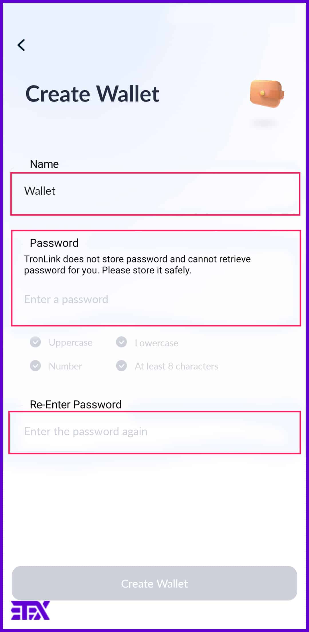 انتخاب نام و رمز عبور قوی برای ولت ترون لینک.