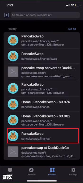 انتخاب pancakeswap.finnace برای تبدیل تتر به ترون در کیف پول تراست ولت.